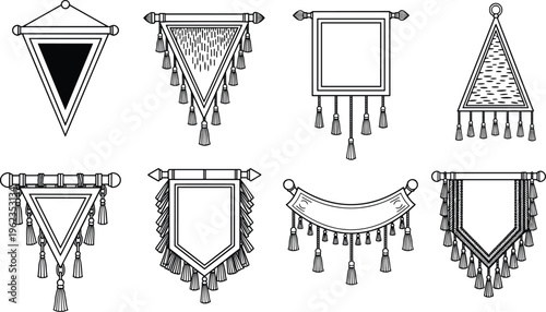 Black and white medieval banner icon set featuring various heraldic pennants wall hangings with tassels ornamental fringe and hanging poles for fantasy game design