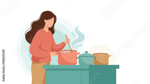 Woman cooking in the kitchen, stirring a pot on the stove with steam