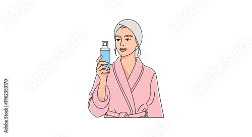 Woman in pink bathrobe holding blue bottle in minimalist flat illustration for skincare advertising