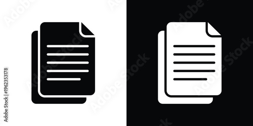 Minimalist vector icon of two stacked pages with text lines. Represents multiple documents, file copies, content management, paperwork, and digital or physical information storage.