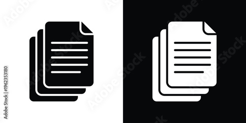 Minimalist vector icon of two stacked pages with text lines. Represents multiple documents, file copies, content management, paperwork, and digital or physical information storage.