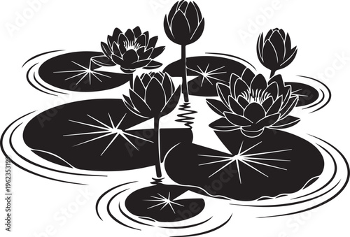Lotus water lily flowers and lily pads on pond silhouette vector illustration showing aquatic plants floating on rippling water.