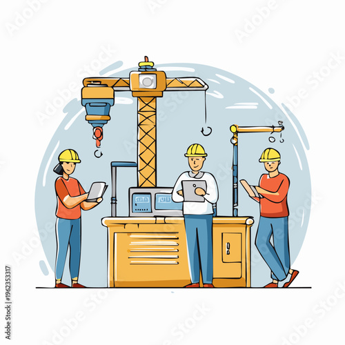 Construction Site Workers Overseeing Crane Operations with Tablets.