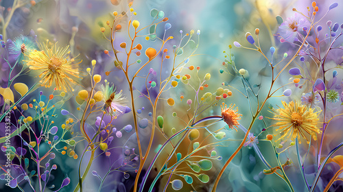 Wildflowers transforming into colorful microbiome ecosystem with cells and organic patterns abstract biology art blending nature and science