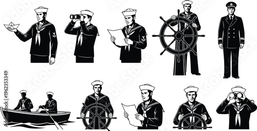 Black and white nautical icon set featuring vintage sailors in uniform steering ship wheels using binoculars reading maps and rowing boats for maritime design