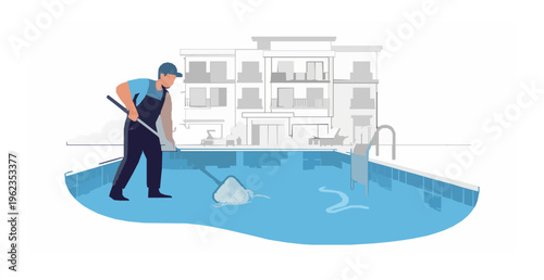 Swimming pool maintenance worker cleaning pool with house hotel background vector illustration
