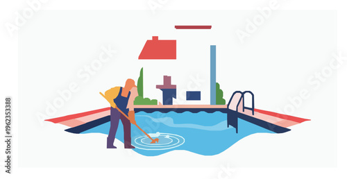 Swimming pool maintenance worker cleaning pool with house hotel background vector illustration