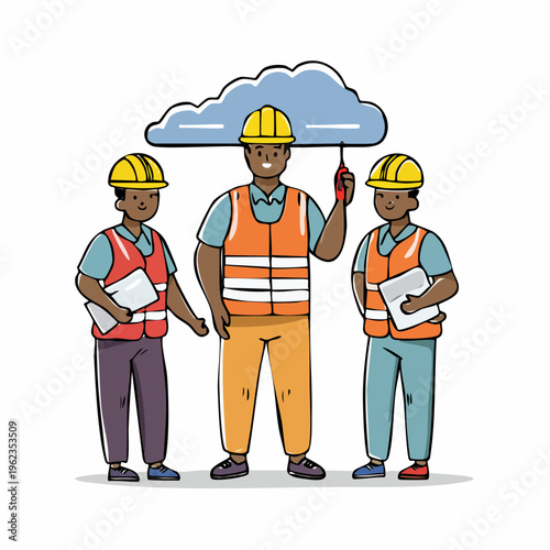 Construction workers under a protective cloud shield.
