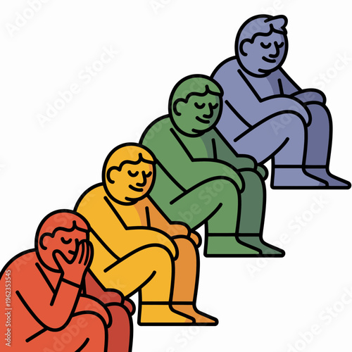 Sad People Sitting in Different Colors on White Background