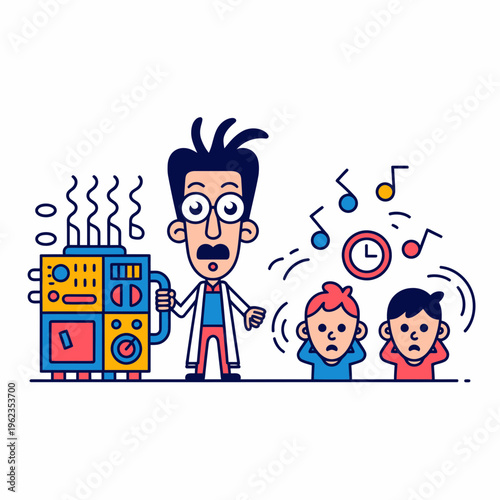 Surprised Scientist with Children and Malfunctioning Machine