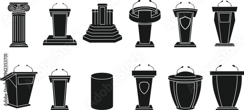 Black and White Podium and Lectern Icon Set Featuring Various Speech Stands Microphones Ancient Greek Columns and Presentation Platforms for Oratory Conference and Public Speaking