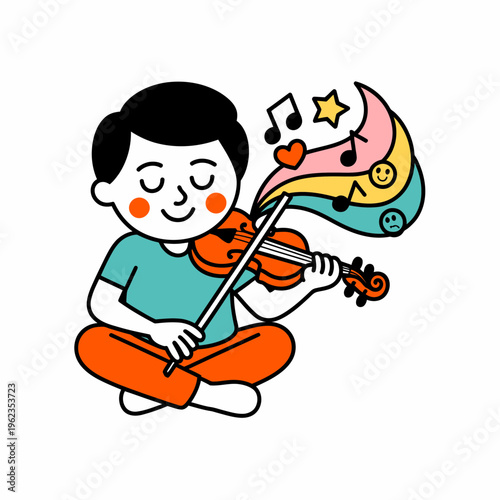 Boy Playing Violin under Colorful Moonlight with Music Notes