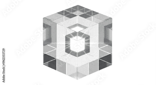 A complex geometric cube structure composed of smaller hollow cubes in a halftone artistic style against a clean white background space.