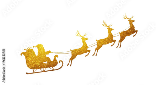 Golden glittery santa claus in sleigh pulled by three reindeer isolated on transparent background