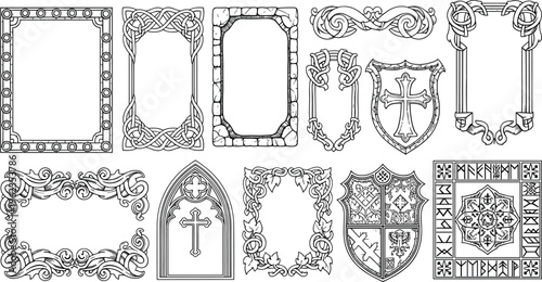 Black and White Medieval Ornament Set Featuring Celtic Knots Heraldic Shields Gothic Frames Runes and Vintage Borders for Fantasy Gaming Graphic Design and Historical Projects