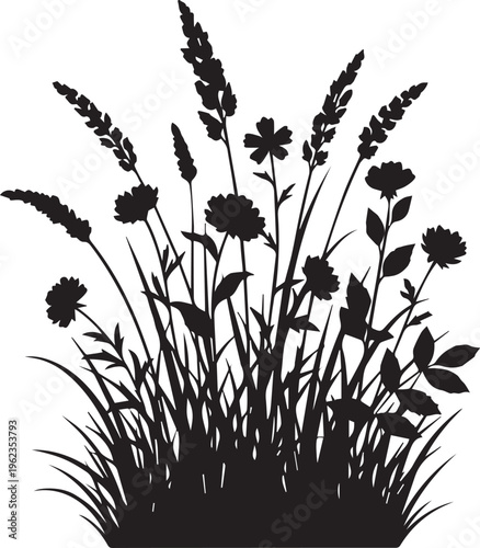Black silhouette of lush wild meadow flowers and tall grass creating a beautiful natural botanical illustration on transparency.