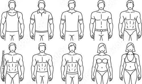 Collection of ten stylized human figures showing male and female body types, clothing variations, and musculature, ideal for character design, fashion, and illustration projects.