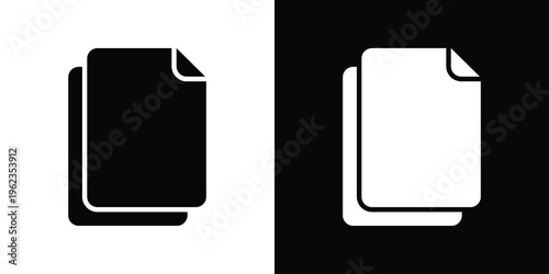 Minimalist vector icon of two stacked pages with text lines. Represents multiple documents, file copies, content management, paperwork, and digital or physical information storage.