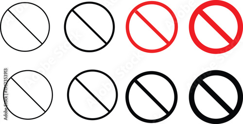 Set of prohibition signs in circles, including red and black versions, with a diagonal line indicating 'no', 'forbidden', 'restricted', or 'not allowed' actions