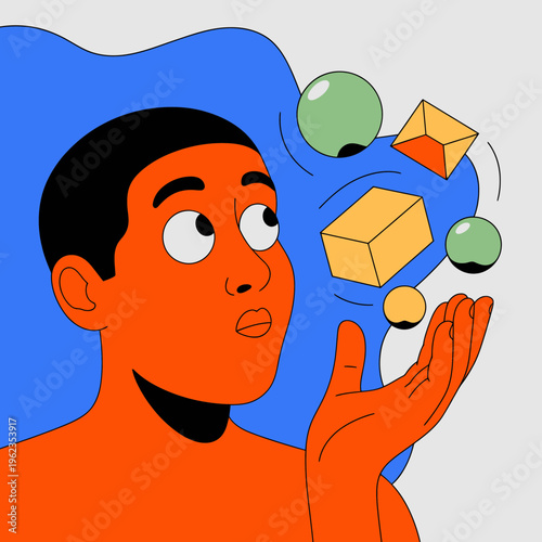 Man Juggling Cubes and Spheres in Blue Background