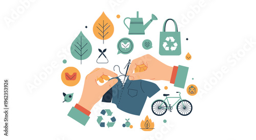 Hands Mending Clothing for Sustainable Living & Slow Fashion. Eco-Friendly Lifestyle & Circular Economy Concept.