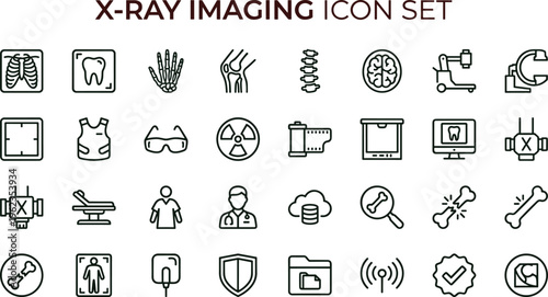 X ray imaging outline icon set with radiology diagnostic anatomy scan equipment symbols for healthcare apps dashboards interfaces presentations education materials