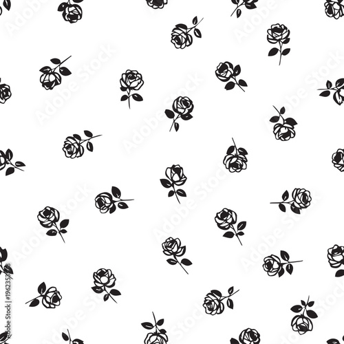 Seamless pattern of small rose silhouettes scattered on a transparent checkered background, ideal for fabric or wallpaper designs.
