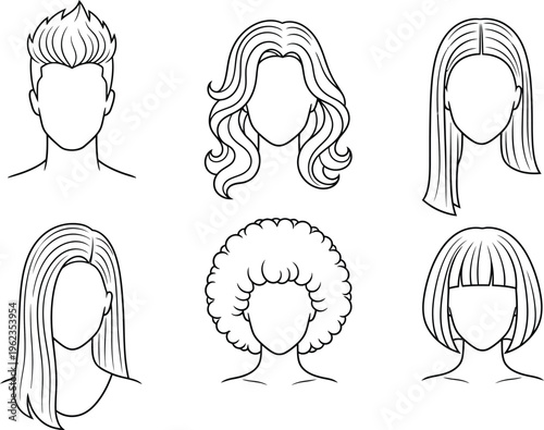 A collection of diverse hairstyle outlines illustrates different lengths textures and arrangements for women and men s hair designs high quality
