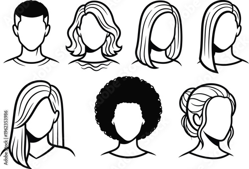 a collection of diverse hairstyles depicted in black and white line art showing various hair lengths and textures for both men and women