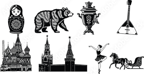 Black and White Russian Cultural Icon Set Featuring Matryoshka Doll Bear Samovar Balalaika Saint Basils Cathedral Kremlin Ballerina and Horse Sled for Heritage Travel Design
