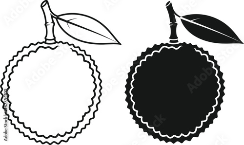 a simple black and white illustration depicts two durian fruits one outlined and one filled showcasing contrasting visual styles and textures