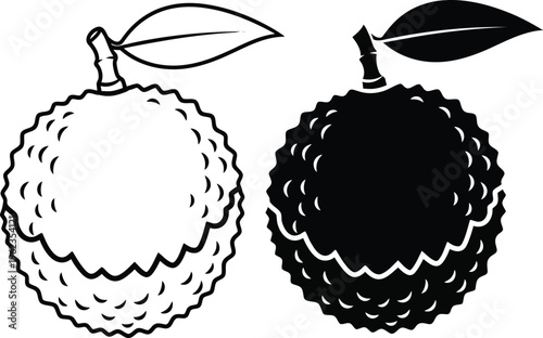 A simple black and white illustration depicts two durian fruits one light and one dark with leaves high quality professional detailed