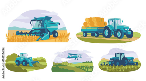 Set of agricultural machinery performing various farming tasks in fields