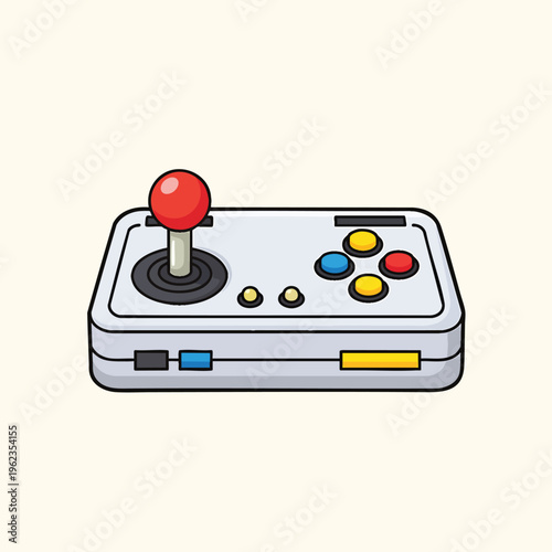 A cartoon joystick controller with a red ball and several colored buttons. Designed with thick black outlines on a light beige background