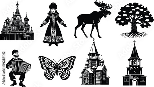 Black and White Russian Cultural Icon Set Featuring Orthodox Churches Traditional Folk Costumes Accordion Player Moose Butterfly and Nature Elements for Heritage Travel Graphic Design