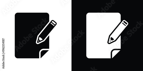 Creative icon featuring stacked paper and a pencil, symbolizing content creation, editing, writing, signing contracts, and updating information in a sleek flat design style.