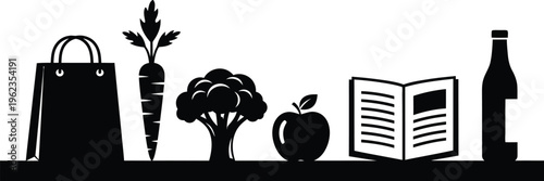 a minimalist black and white illustration depicts a shopping bag produce an open book and a bottle on a shelf