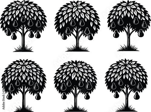 a collection of six black and white pear trees each adorned with numerous hanging pears displayed on a clean white background