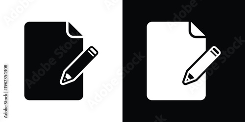 Creative icon featuring stacked paper and a pencil, symbolizing content creation, editing, writing, signing contracts, and updating information in a sleek flat design style.