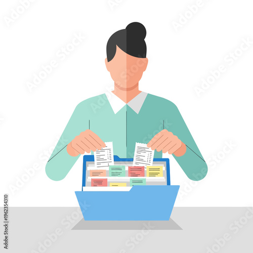 Woman organizing documents in a file folder.
