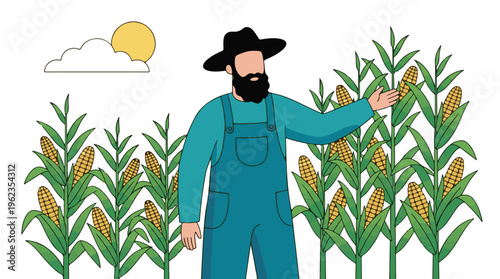 Farmer inspecting a mature corn crop in a sunny agricultural field