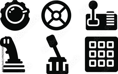 Black Car Control Icons Set – Steering Wheel, Gear Shift, Joystick, Dashboard Buttons Vector Illustration