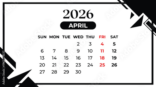 April 2026 calendar with marked dates