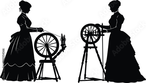 Women silhouettes at spinning wheels, textile production, traditional craftsmanship, historical domestic work, yarn making, fiber art, vintage dress, cultural heritage