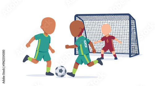 Kids playing soccer game with goalkeeper and goalpost, vector illustration