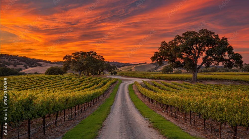 Fototapeta premium Vineyard landscape at sunset with road leading to horizon under vibrant sky