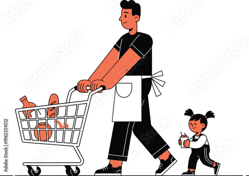 A charming illustration depicts a man pushing a shopping cart with groceries accompanied by a little girl happily carrying a drink