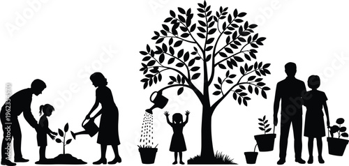 Silhouette illustration of family planting and nurturing trees symbolizing environmental care, growth, sustainability, nature conservation, and community involvement in eco‑friendly lifestyle design.
