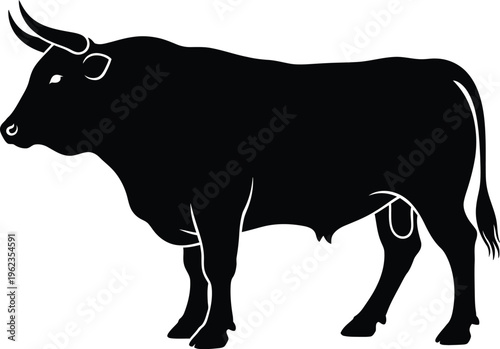 A striking silhouette of a powerful black bull stands prominently showcasing its muscular build and impressive horns in profile high quality