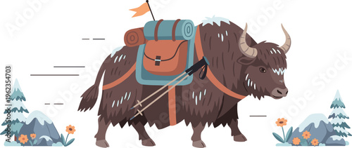 Hand-drawn yak vector illustration carrying camping backpack with trekking gear, set in mountainous landscape with snow, rocks, and trees, perfect for travel, adventure, and wildlife designs